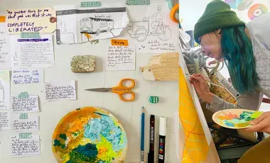 collage of artist work table and artist painting