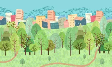 cartoon of a park with a cityscape in the background