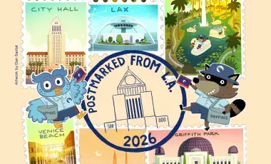 cartoon owl and racoon with postage stamps