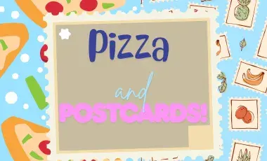 light blue background with cartoonish pizza and postage stamps in the background and the words Pizza and Postcards in purple, blue and pink in the middle of the image with a brown postcard with tan bordering 