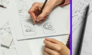 An animator's hands are drawing a storyboard.