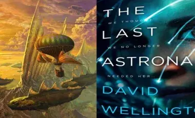 Futuristic view of flying objects and the book cover of The Last Astronaught