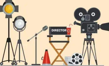 An illustration of a film set with lights, a camera, mic, and a director's chair.