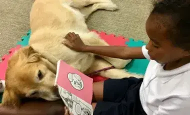 A young girl reading to a dog who is lying down with its head in her lap.