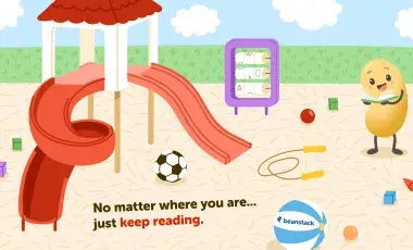 a cartoon bean reading in a playground