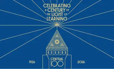 Blue background with gold outline of central library celebrating central 100