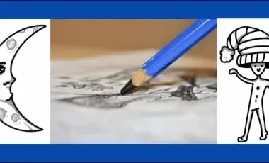 A drawing of a moon, a figure with a hat, and a pencil sketching.
