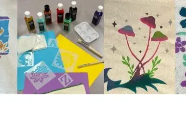 Various dipictions of stencils & fabric paint and finished paint on canvas designs.