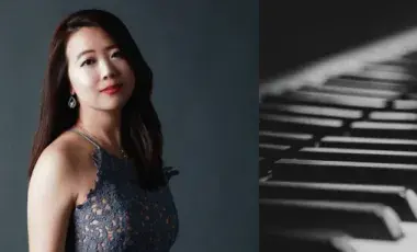 Pianist Xiao Chen next to a piano keyboard
