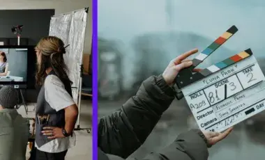 Two pictures - first has a woman looking at a screen with the actor in the background. Second is a director slate in front of an outdoor location