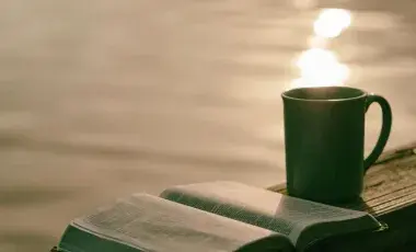 mug and open book sitting by the water