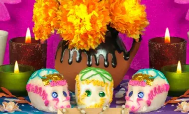 Day of the Dead altar with sugar skulls
