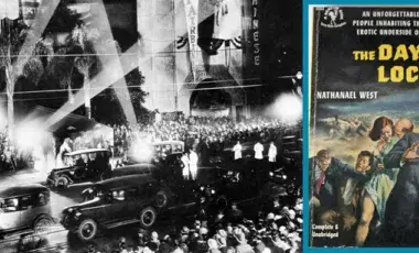 Black and white photo of movie premiere at Grauman's Chinese Theatre alongside the vintage cover of the book, The Day of the Locust