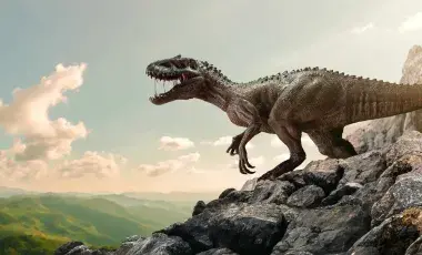 dinosaur roaring on a rocky outcrop overlooking a green valley