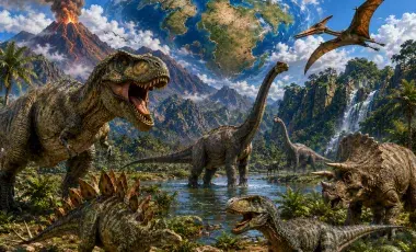 Jurassic dinosaurs with an active volcano in the background and a partial map of pangea