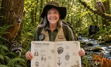 A white woman wearing a nature vest and hat and holding up a book image with animal tracks drawn on it. Background is a forest, stream and photos of an owl, fox, deer, racoon and a bear