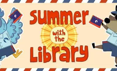 Summer with the library in the center and a postmark on the far left then a raccon dressed as a postperson and a stamp on the far right and an owl dressed as a postperson