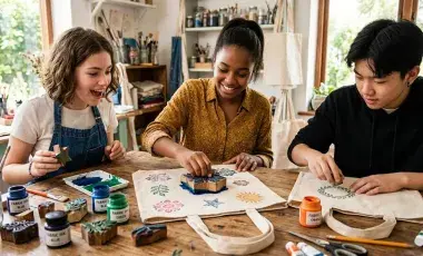 Three teenagers decorating a tote bag.