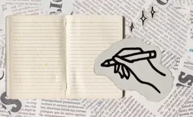 An image of a notebook and hand writing with a pencil amongst a newspaper background.