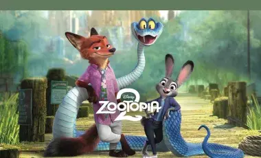 Image if characters from Zootopia 2 movie, orange fox, gray bunny, and blue one fanged snake