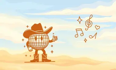 a cowboy cartoon and music notes in a desert