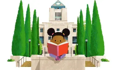 An illustrated image of a child reading a book in front of the Central Library.