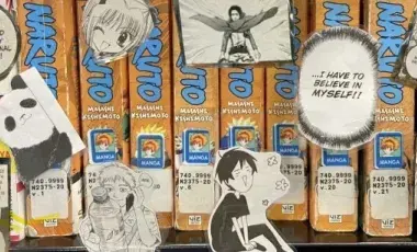 Manga books on shelf surrounded by DIY manga stickers.
