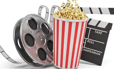 movie reel, popcorn, clapper