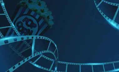 An image of flowing film reel strips against a blue background.