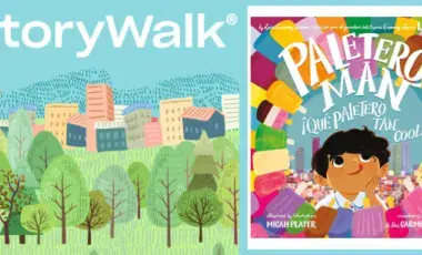 storywalk text with trees and front cover of Paletero Man book