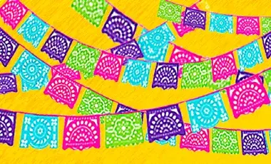 papel picado, pink, purple, green, blue