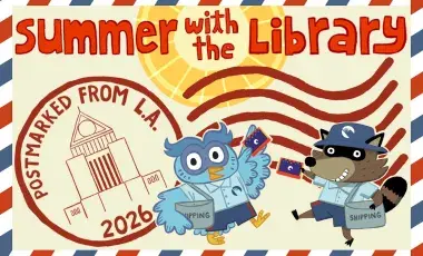 an illustrated postage stamp with an owl and a racoon Summer with the Library