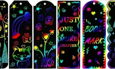 Six colorful rainbow scratch-art bookmarks with different designs and patterns.
