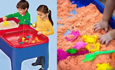 Two children playing at a sand and water table and a pair of small hands grabbing sand.  