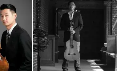 Man holding violin and man holding guitar
