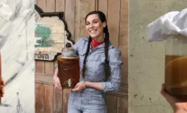 The photograph on the left is a bottle of kombucha. In the middle is Brie holding a jug of kombucha. To the right is a jar of kombucha.
