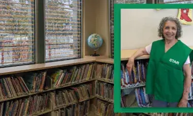 Photo of the picture book shelves at the Palms-Rancho Park Branch with an inset portrait photo of Sandra