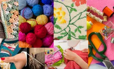 Collage of yarn, embroidery, and sewing supplies