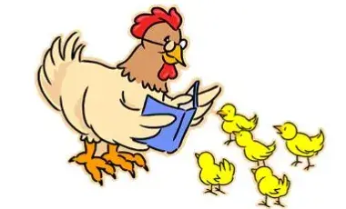 A hen reading from a blue book to five yellow chicks.