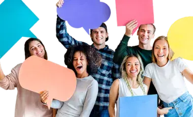 Six teenagers hold up colorful blank speech bubbles