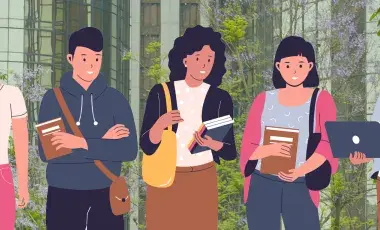 teens gathered together holding books and a laptop