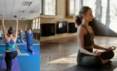 Two photos of students in a yoga class. 