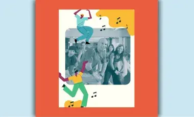 This is a photo of a group of dancers surrounded by an illustration of two dancers with designs and music notes.