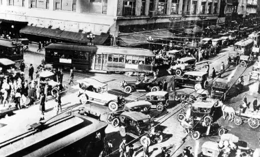 Traffic jam at 7th Street and Broadway in downtown Los Angeles, circa 1915.