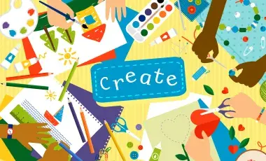 Overhead image of children's hands around a table with crafting and art supplies. The word CREATE is in the middle. 