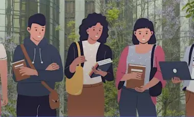 An illustration of library patrons walking with books.