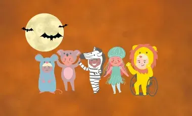 Illustration of children under a bat-silhouetted full moon; children wear costumes of a mouse, koala, zebra, jellyfish, and lion