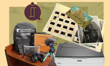 Folder, scanner, and recording equipment on book cart against olive green and cream background.