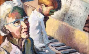 Painting of senior next to young child playing piano
