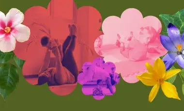 Warm-tinted photos of parents and babies in yoga poses surrounded by floral illustrations on a green background